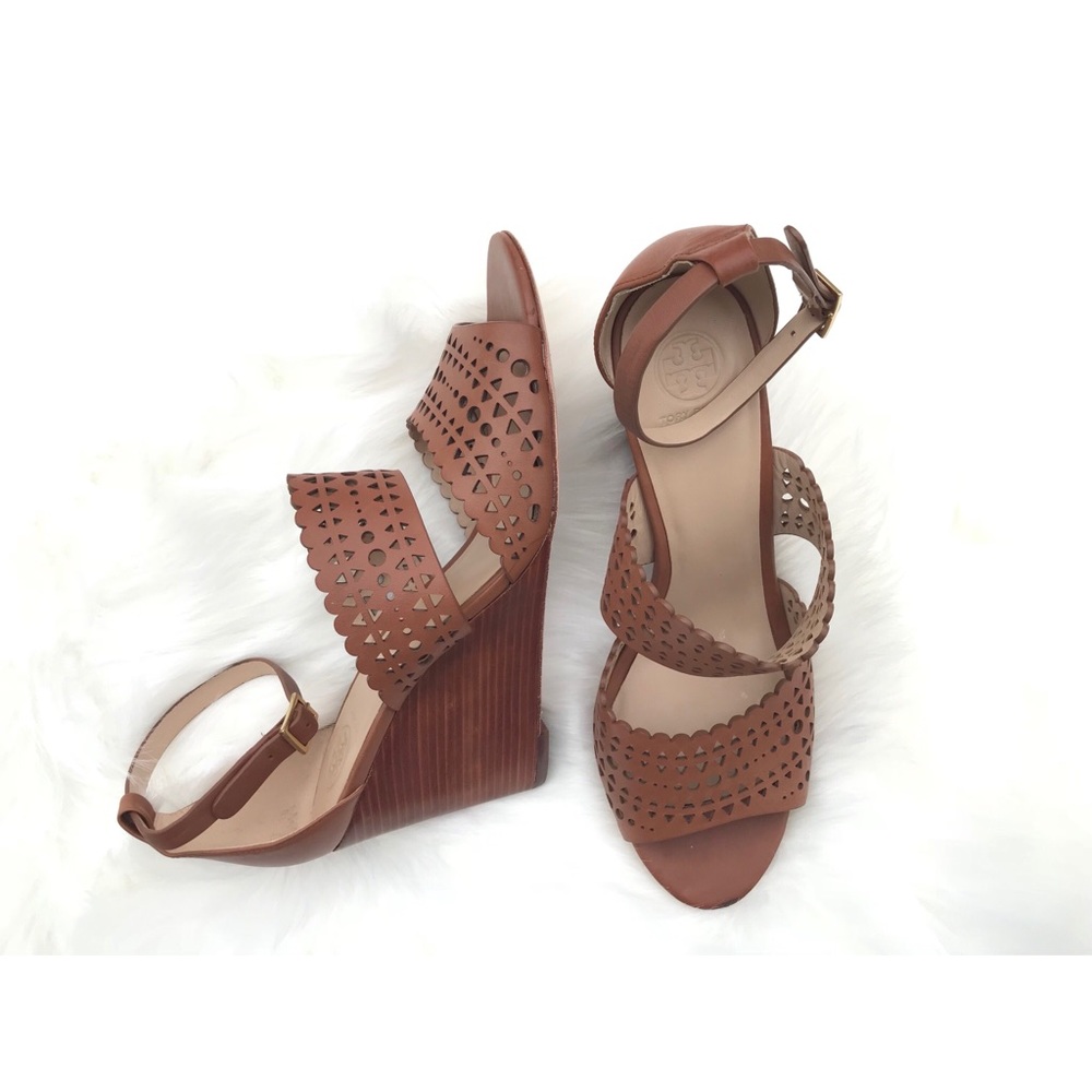 Tory Burch Perforated Brown Leather Wedge Sandals